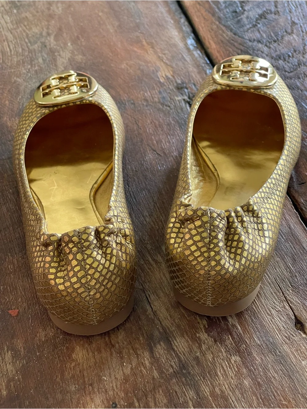 Tory Burch Reva Metallic Gold Snakeskin-Print Logo Ballet Flats Sz 6.5 Leather